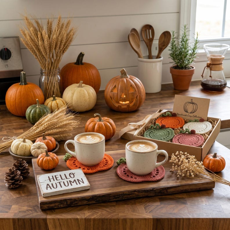 May include: A wooden serving board holds two white mugs with latte art, resting on orange and mauve crochet pumpkin coasters. A small sign reads HELLO AUTUMN. Nearby, a gift box contains four additional crochet pumpkin coasters in various colors.