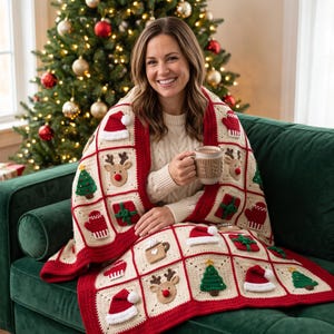 Christmas Granny Square Blanket Crochet Pattern | Reindeer Santa Hat Christmas Tree Applique Afghan | Beginner PDF