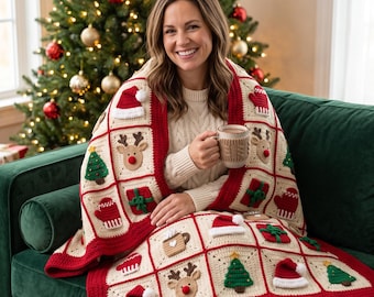 Christmas Granny Square Blanket Crochet Pattern | Reindeer Santa Hat Christmas Tree Applique Afghan | Beginner PDF