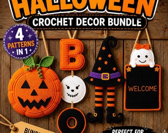 Crochet Halloween Door Hanger Pattern Bundle, Pumpkin Wreath Witch Hat Ghost Boo Sign, Beginner Crochet PDF, Fall Front Door Decor