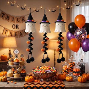 May include: Three crocheted ghost decorations with black witch hats, purple bands, and small orange pumpkins, hanging from a string of lights. Each ghost features a spiral black tail adorned with tiny orange pumpkins and black pom-poms.