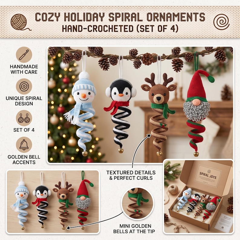 Crochet Spiral Wind Spinner Pattern, 4-in-1 Christmas Ornament Amigurumi Snowman Penguin Reindeer Gnome, PDF Digital Download image 7