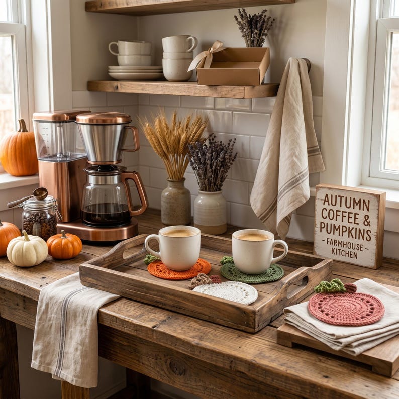 May include: A wooden tray holds two white ceramic mugs on orange and green crocheted pumpkin coasters. Nearby, a copper coffee maker, a jar of coffee beans, small pumpkins, and a sign reading Autumn Coffee & Pumpkins Farmhouse Kitchen are displayed.