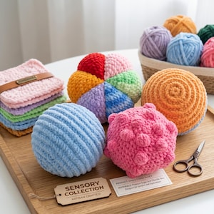 May include: A collection of crochet sensory items including a stack of square coasters, a multi-colored segmented ball, a solid orange ball, a light blue ball, and a pink textured ball with raised bumps, alongside a pair of scissors and labels.