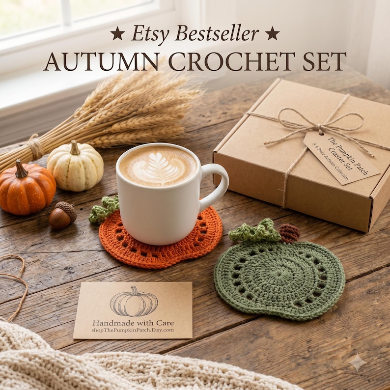 May include: A set of pumpkin-shaped crochet coasters in orange and green, a white ceramic mug with latte art, a brown cardboard gift box with twine and a tag reading The Pumpkin Patch Coaster Set, and a card reading Handmade with Care.