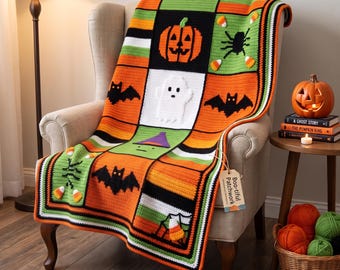 Halloween Baby Blanket Crochet Pattern PDF | Beginner Crochet Pattern | Patchwork Ghost Pumpkin Bat Spider Blanket | Digital Download
