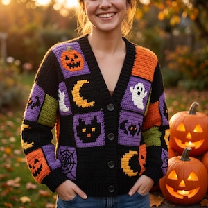 Halloween Granny Square Cardigan Crochet Pattern PDF, Kids & Adult Sizes, Matching Family Halloween Sweater, Pumpkin Ghost Bat Motif