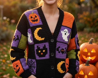 Halloween Granny Square Cardigan Crochet Pattern PDF, Kids & Adult Sizes, Matching Family Halloween Sweater, Pumpkin Ghost Bat Motif