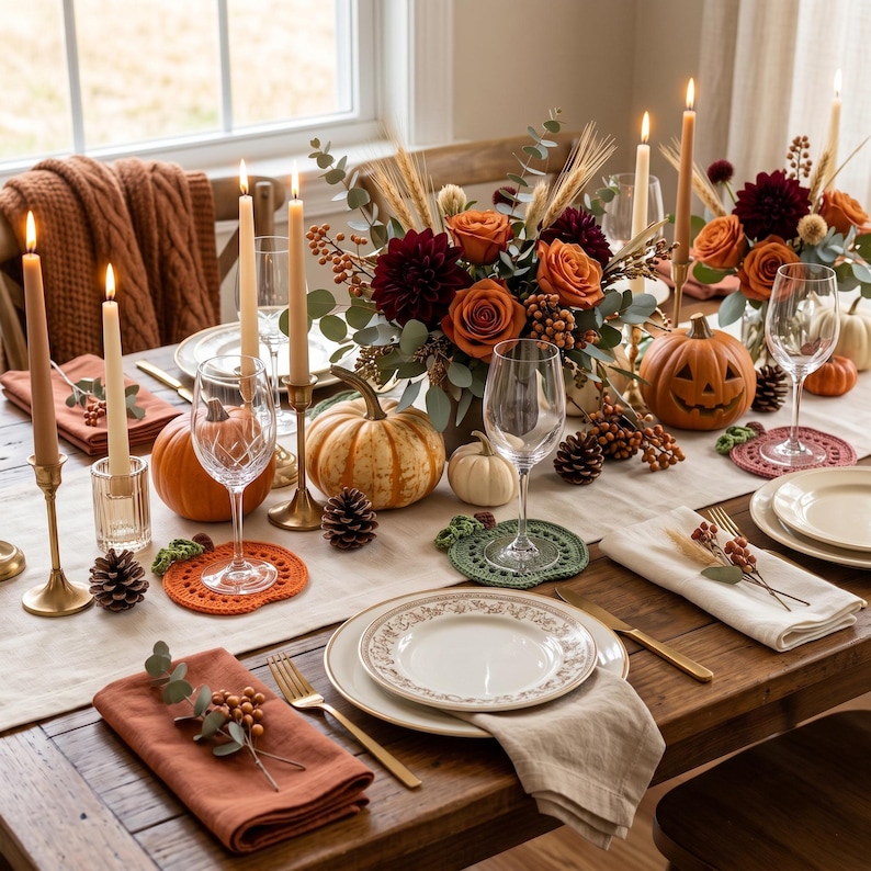 May include: A dining table setting featuring orange and green crocheted pumpkin-shaped coasters, white plates with floral rims, clear wine glasses, brass candle holders with taper candles, small pumpkins, and a floral centerpiece with roses.