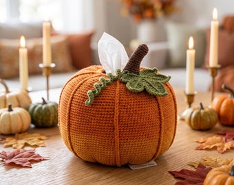 カボチャのティッシュボックスホルダーかぎ針編みパターンPDF | ハロウィンティッシュカバーあみぐるみ | 秋のデコレーション即時ダウンロード | 英語、フランス語、ドイツ語