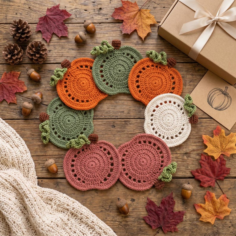 May include: A set of six crocheted pumpkin-shaped coasters in orange, green, cream, and muted red colors. Each coaster features a circular center with a decorative border and a small green stem. The coasters are arranged in a circular pattern.
