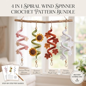 Crochet Wind Spinner Pattern PDF, 4-in-1 Bundle | Sakura Sunflower Maple Snowflake, Wire Spiral Boho Wall Hanging Decor, Beginner Pattern