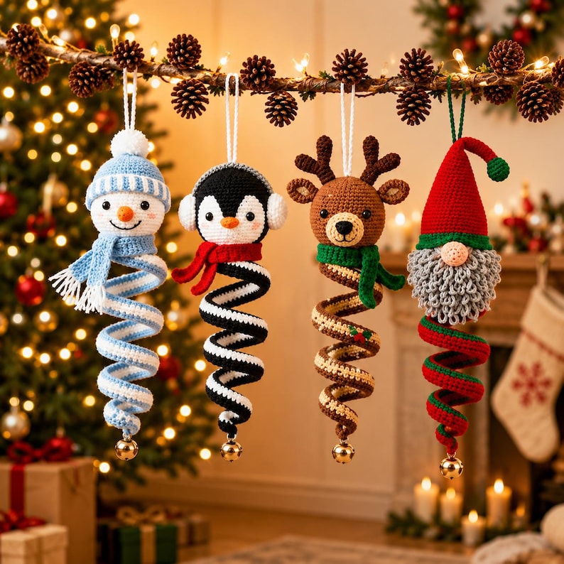 Crochet Spiral Wind Spinner Pattern, 4-in-1 Christmas Ornament Amigurumi Snowman Penguin Reindeer Gnome, PDF Digital Download image 9