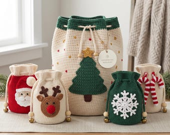 Reusable Christmas Gift Bag Crochet Pattern PDF, Santa Reindeer Snowflake Drawstring Bags, Easy Beginner Set of 5, Instant Download