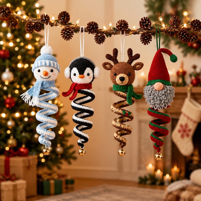 Crochet Spiral Wind Spinner Pattern, 4-in-1 Christmas Ornament Amigurumi Snowman Penguin Reindeer Gnome, PDF Digital Download image 2