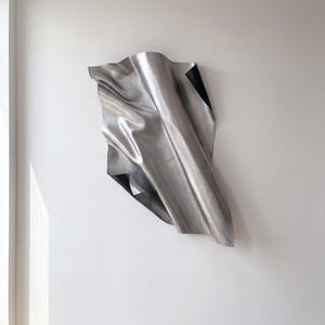Könnte beinhalten: Eine Wandskulptur aus Metall, bestehend aus einem großen, dünnen Blatt aus gebürstetem, silberfarbenem Material, das in fließende, wellenförmige Formen gebracht wurde. Das Stück hat eine glatte, reflektierende Oberfläche mit einem schwarzen Kontrast.