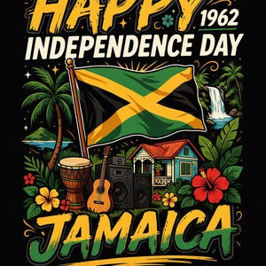May include: A graphic design on a black background featuring the text HAPPY 1962 INDEPENDENCE DAY JAMAICA. The image includes the Jamaican flag, a djembe drum, an acoustic guitar, speakers, a small house, palm trees, a waterfall, and hibiscus flowers.