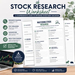 May include: A white stock research worksheet template featuring dark green text and icons. The document includes sections for company information, valuation metrics, financial performance, management, and market analysis, designed for investment tracking.