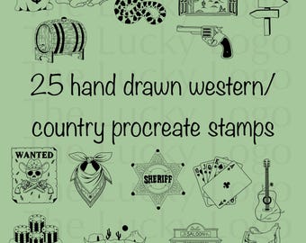 25 Hand drawn western/ country procreate stamps brushes | digital download