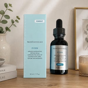 May include: A SkinCeuticals P-TIOX wrinkle-modulating peptide serum in a dark glass dropper bottle with a silver label, accompanied by its light blue rectangular cardboard box. The packaging displays the text 30 ml / 1 fl oz and Correct.