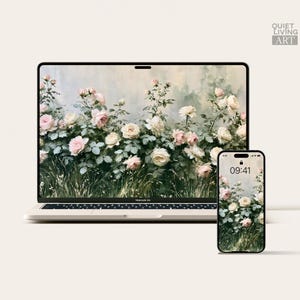 May include: A laptop and a smartphone displaying a digital wallpaper featuring a garden of soft pink and cream-colored roses with green foliage against a muted background. The text QUIET LIVING ART is visible in the top right corner of the image.