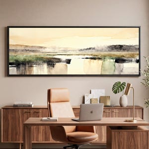 Watercolor Marsh Landscape Print, Panoramic Abstract Wetland Wall Art, Muted Green Tonal Painting, Calm Neutral Above Bed Decor, Printable