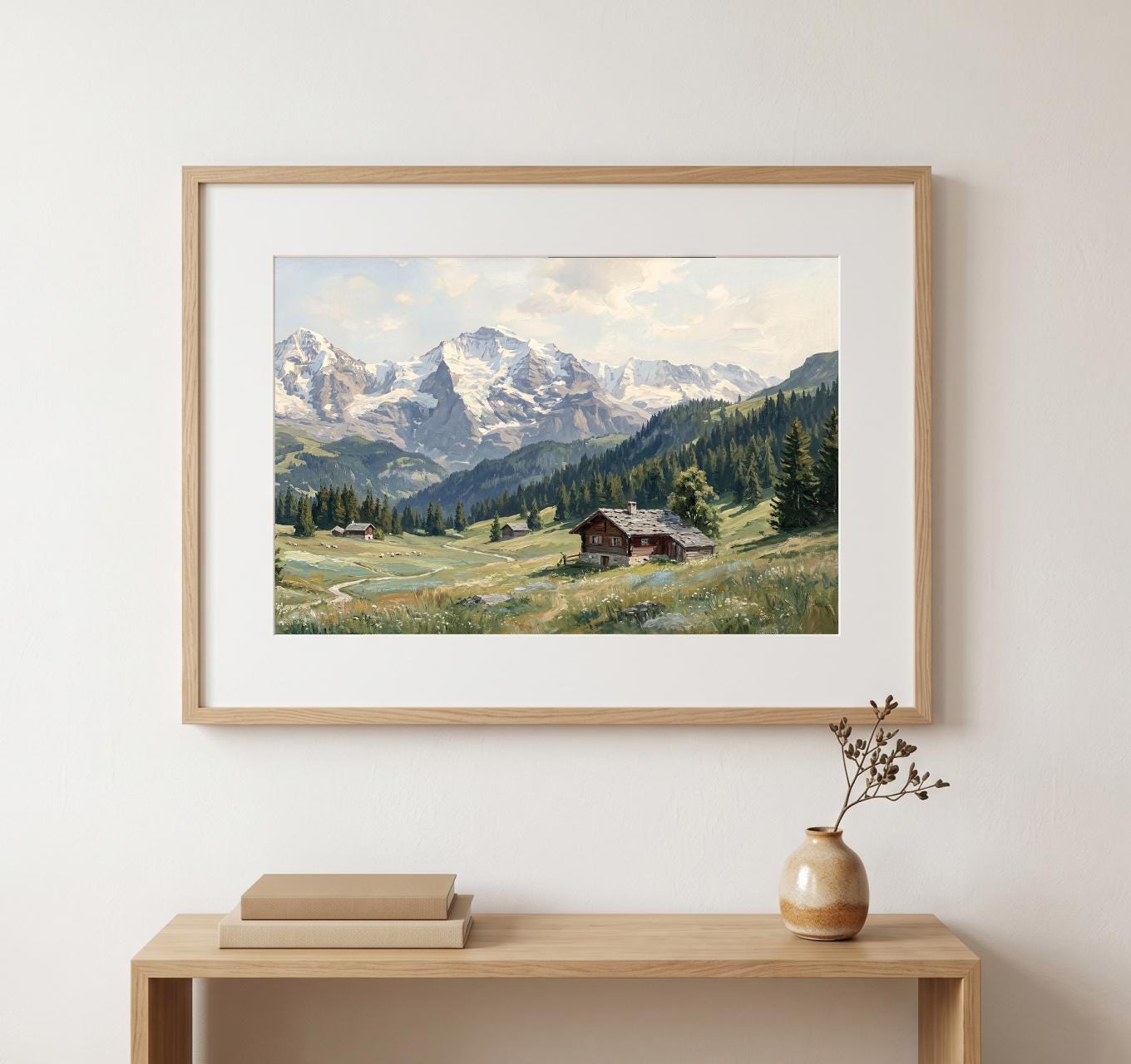 1946年 水彩画 アルプス風景 額装 ドイツ　ヴィンテージ Swiss alps oil painting - Etsy 日本