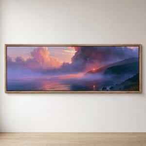 Sunset Seascape Wall Art | Coastal Ocean Printable Print | Dramatic Cloud Oil Painting | Moody Purple Pink Golden Hour Digital Download