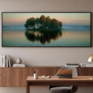Tableau panoramique vintage représentant un lac, une île paisible au clair de lune, format horizontal, à suspendre au-dessus du lit, style scandinave, à télécharger.