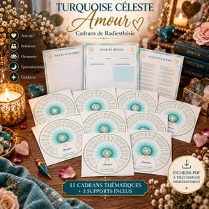 May include: A collection of eleven circular dowsing charts featuring turquoise and white radial designs, accompanied by three instructional sheets titled Fiche de Séance, Page de Notes Libres, and Guide d'Utilisation, all labeled Turquoise Céleste Amour.