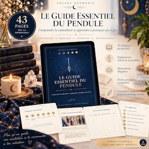 Può includere: Una guida digitale intitolata Le Guide Essentiel du Pendule visualizzata su uno schermo di un tablet, accompagnata da pagine stampate con schede pratiche, un diario di esercizi e regole d'oro, su un tessuto blu scuro con stelle dorate.