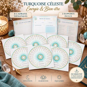 Peut inclure: Un ensemble de huit cadrans circulaires thématiques avec des motifs radiaux turquoise et dorés, accompagnés de trois fiches informatives intitulées Fiche de Séance, Guide d'Utilisation et Page de Notes Libres, avec du texte et une icône de téléchargement.