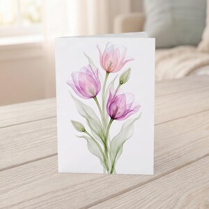 Tulpanhälsningskort | Akvarell blomtryck | Inrambar konst tom anteckning | Bröllopsminne 5x7