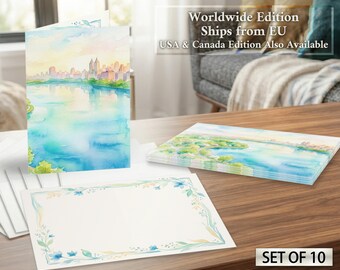 Aerial Reservoir View | Worldwide from EU | Wraparound Central Park Watercolor | Delicate Floral Border Inside