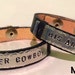 Handstamped metal and Leather Bracelets for Couples His Angel Her Cowboy