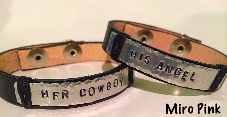 Handstamped metal and Leather Bracelets for Couples His Angel Her Cowboy 