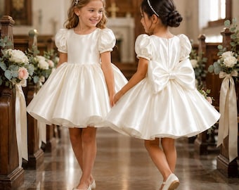 Ivory Satin Flower Girl Dress - Wedding Party Birthday Puff Sleeve Full Skirt Toddler Formal Princess Dress, Girls Ball Gown