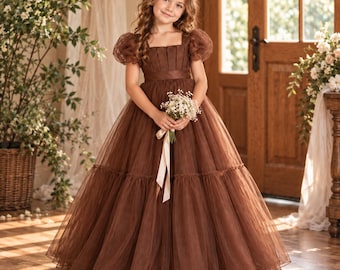 Chocolate Brown Flower Girl Dress, Puff Sleeve A-Line Tulle Gown with Square Neck, Tiered Skirt for Wedding & Birthday