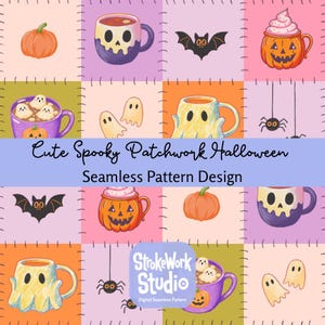 Spooky Patchwork Halloween Seamless Pattern, Pastel Halloween Drinks Digital Paper, Ghosts Skull Mugs Spiders PNG Commercial Use