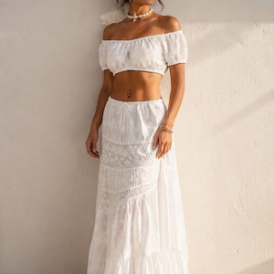 White Boho Two-Piece Set | Off-Shoulder Maxi Skirt Outfit, Resort Wear