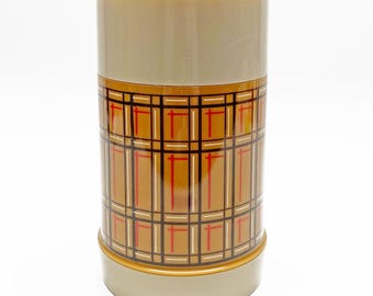 Vintage 1970s Aladdin Plaid Thermos Bottle - Wide Mouth, Beige/Brown/Red