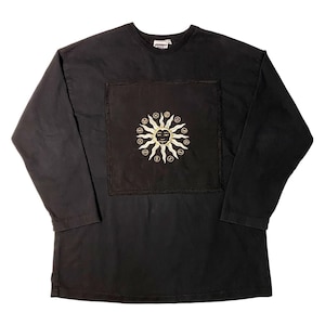 Vintage Johnny Was Celestial Sun Metallic Embroidered Black Oversized Long Sleeve T-Shirt OS