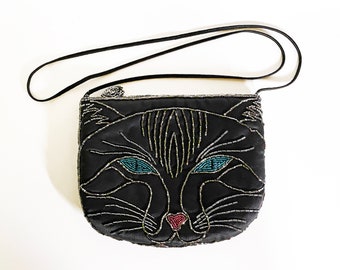 Vintage Schwarze Katze Satin Perlen Geldbörse