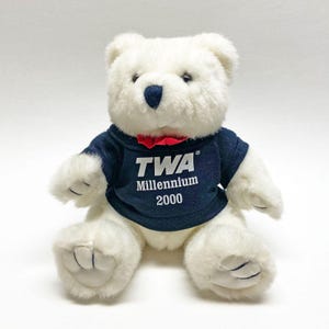 May include: A white teddy bear wearing a navy blue t-shirt with the text "TWA Millennium 2000" in white. The bear has a red bow tie and a dark blue nose.