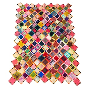 May include: A rectangular quilt constructed from numerous small, diamond-shaped fabric patches in a wide variety of colors and patterns, including solid pinks, blues, yellows, greens, and various plaid or checkered designs, all stitched together.