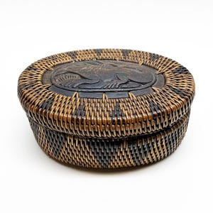 Vintage Indonesian Handwoven Oval Lidded Basket Trinket Box with Wood Carving Animal Motif
