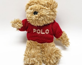 Vintage 2002 Polo Ralph Lauren Nallebjörn Plysch med Röd Stickad Tröja, 20 cm