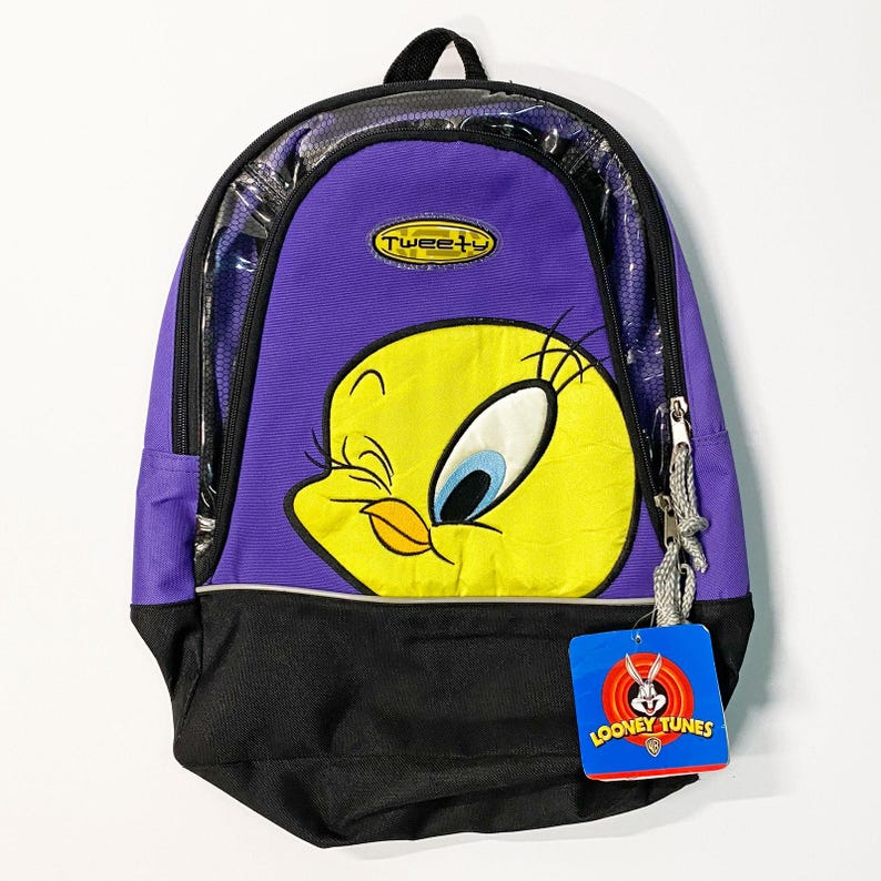 Mochila escolar transparente morada de Piolín de Looney Tunes, estilo vintage del año 2001 (Y2K), nueva con etiquetas. imagen 1
