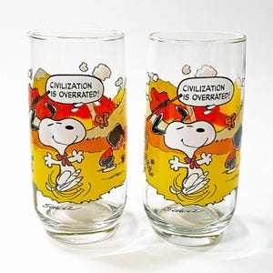 Pair of Vintage 1971 Camp Snoopy Collection &quot;Civilization is Overrated&quot; McDonald&#39;s Collectible Glass