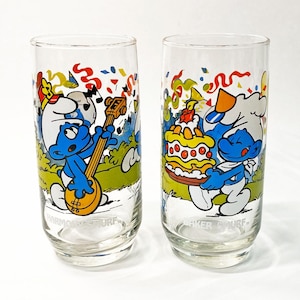 Vintage 1983 Peyo Smurfs Drinking Glasses - Harmony Smurf, Baker Smurf - Pair of 2